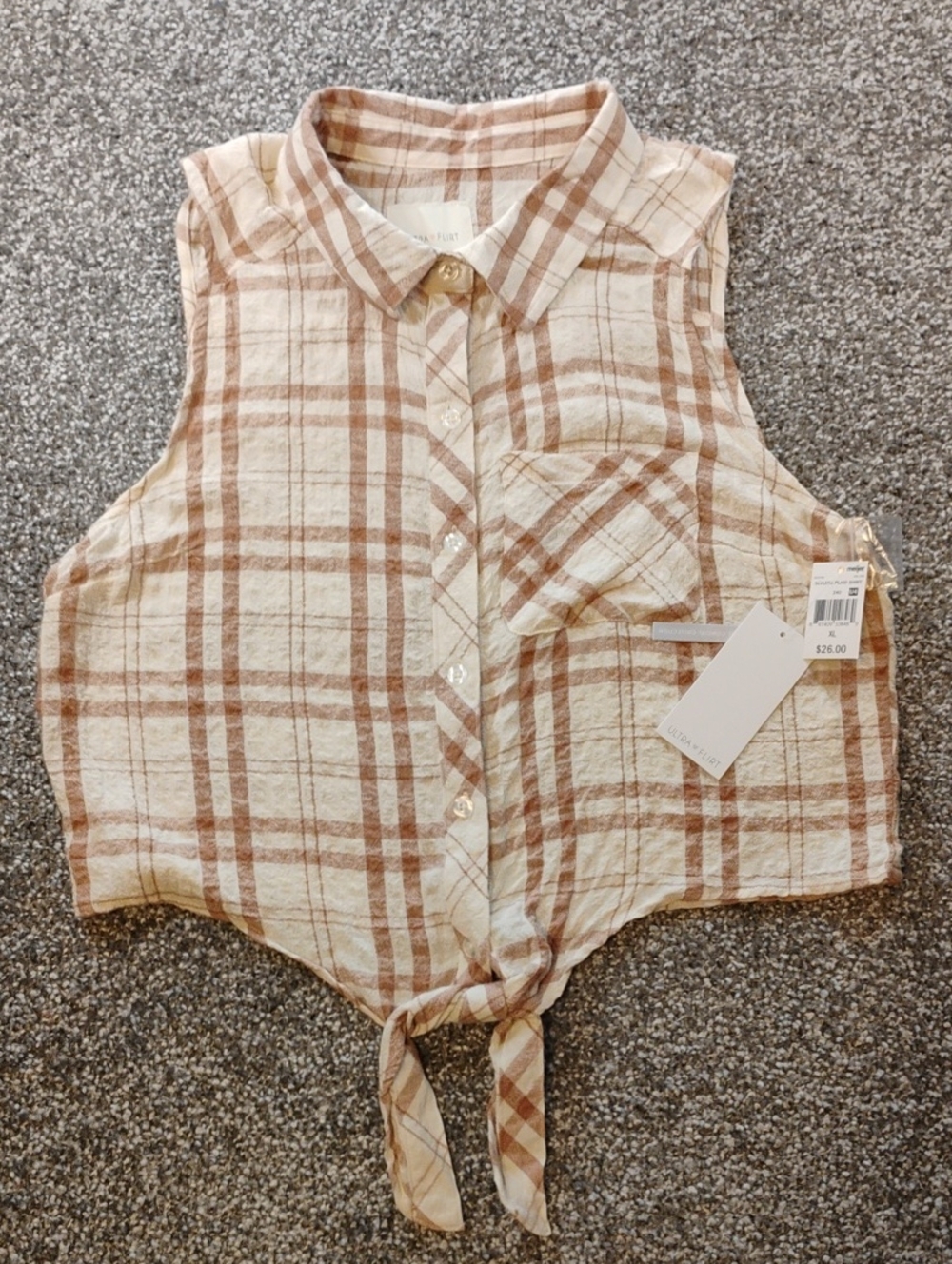 Ultra Flirt Beige & Brown Plaid Sleeveless Tie-Front Top
